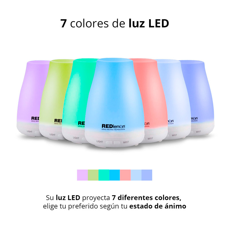 Redlemon Difusor de Aceites Esenciales y Aromaterapia. Humidificador de Ambiente de 100 ml. con Niebla Fría, Temporizador Ajustable, Silencioso, Apagado Automático y 7 Luces LED.