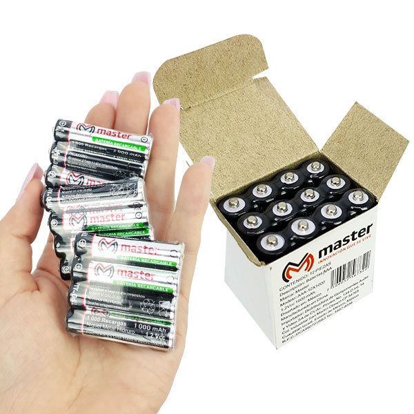 Master- Paquete de 12 baterías recargables tipo AAA, precargadas, capacidad de carga 1000 mAh y material NI-MH