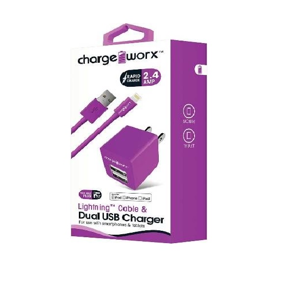 Chargeworx CX3035VT Cargador de Pared con 2 Puertos USB/Cable sin iPhone 8 Pin, color Violeta