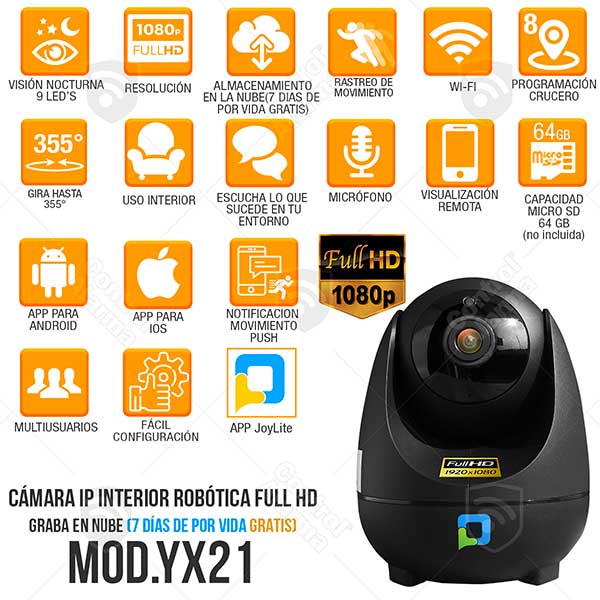 Camara IP WiFi Full HD 1080p Auto Tracking Rastreo Automatico de Movimiento Almacenamiento en Nube de por Vida Audio Dos vias Seguridad para Casa o Negocio