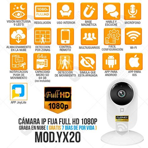 Camara IP WiFi Full HD 1080 Fija Almacenamiento EN Nube DE por Vida Loop Joylite Deteccion de Movimiento Vision Nocturna 9 Leds Audo Dos Vias Monitoreo por Celular