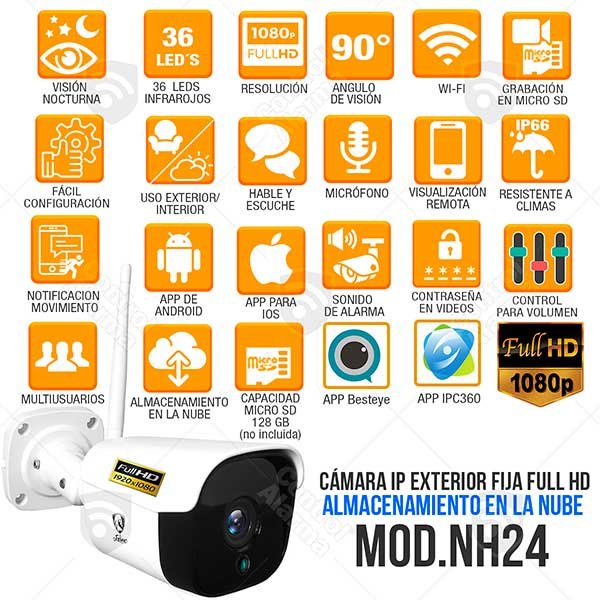 CAMARA IP WIFI EXTERIOR 1080P FULL HD 36 IR LEDS GRABACION EN NUBE AUDIO DOS VIAS MICROFONO