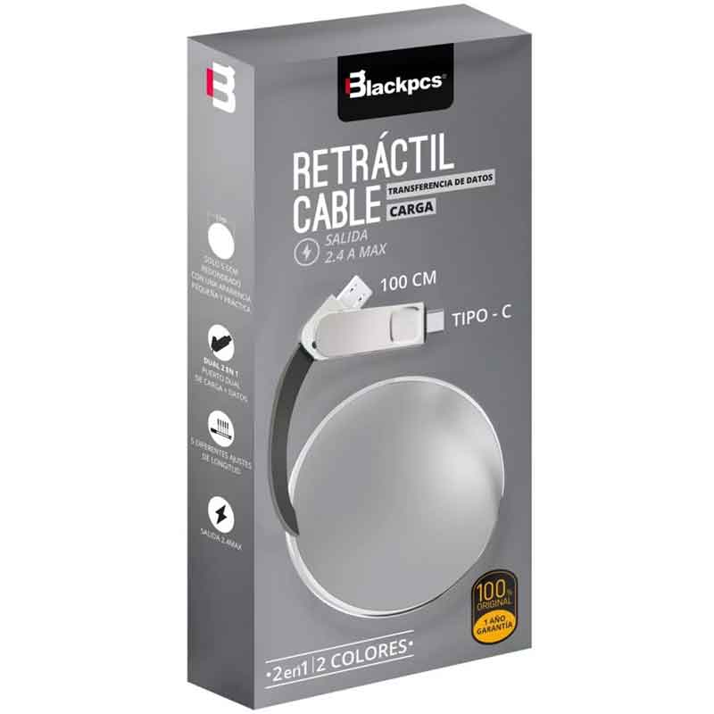 Cable Tipo C y Micro usb Retractil 1m V8 Blackpcs Casmcpr-3 Plata