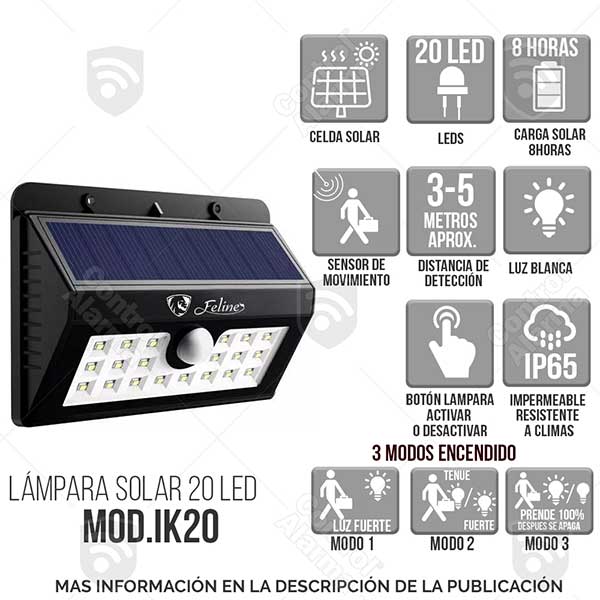 Lampara Solar 20 Led Reflector Exterior Sensor Movimiento