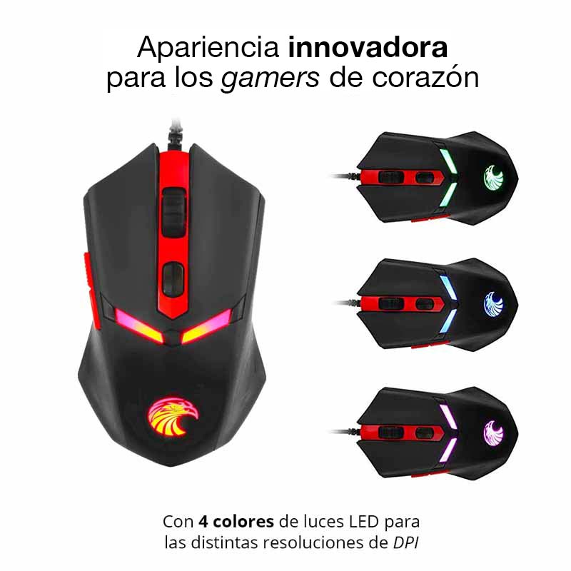 Redlemon Mouse Gamer Óptico USB con 4 Colores de Luz LED, 800 a 3200 DPI de Resolución, Botones para Gaming