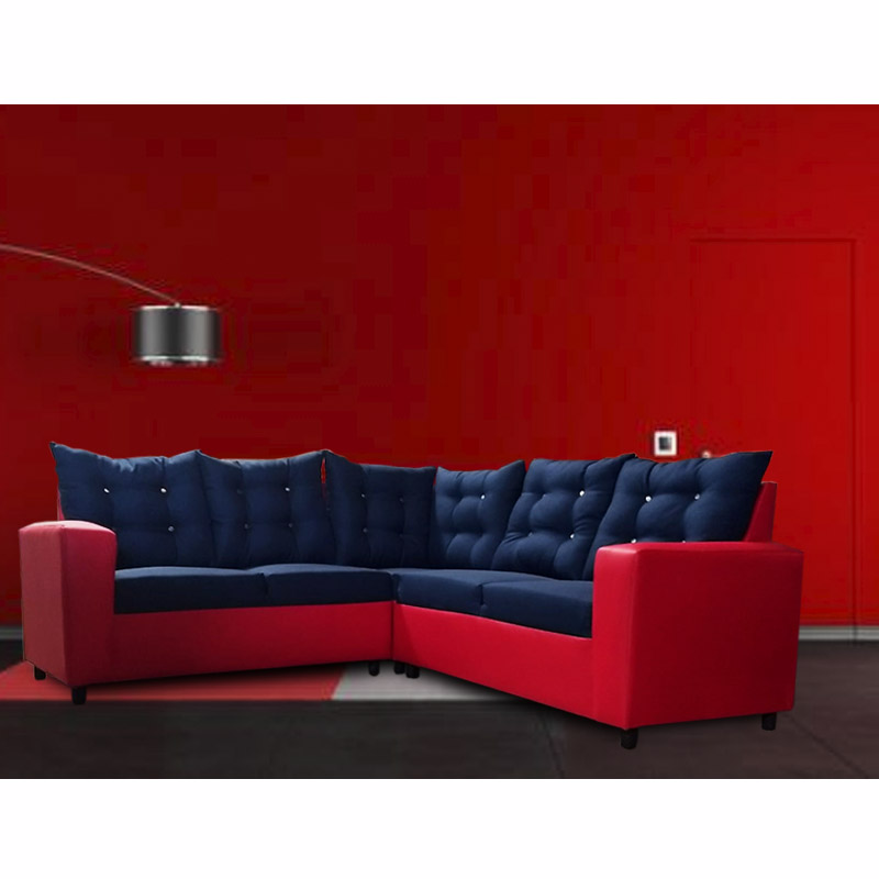 Sala Holanda Lino Azul y vinipiel rojo Maderian