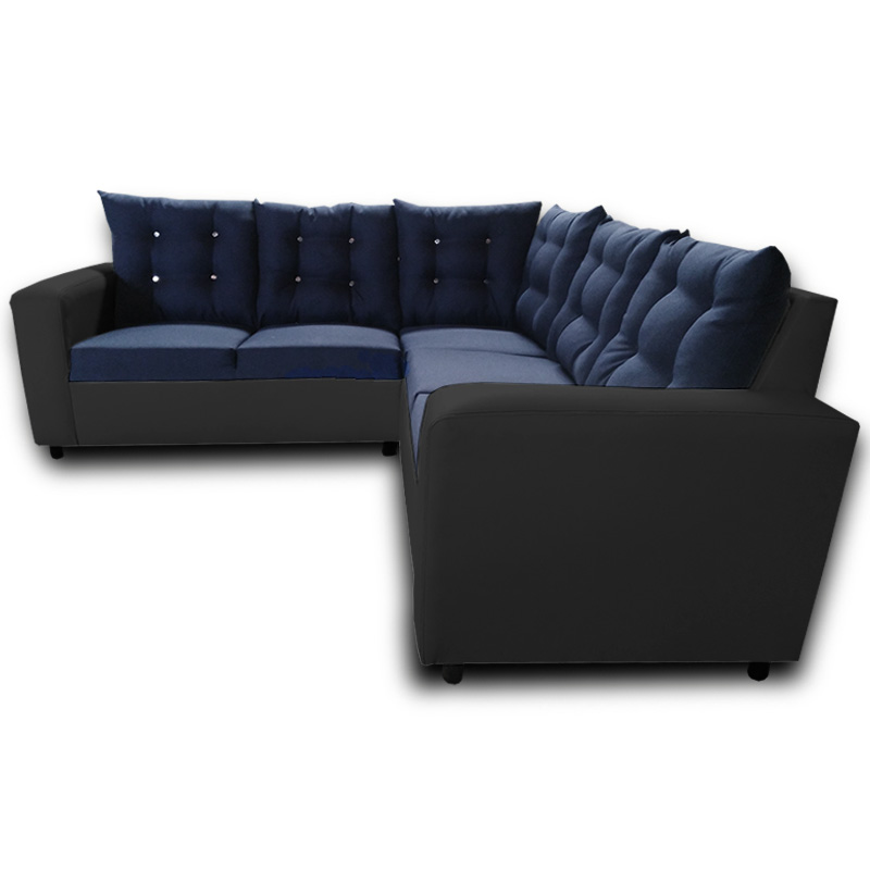 Sala Holanda lino azul, vinipiel gris Maderian