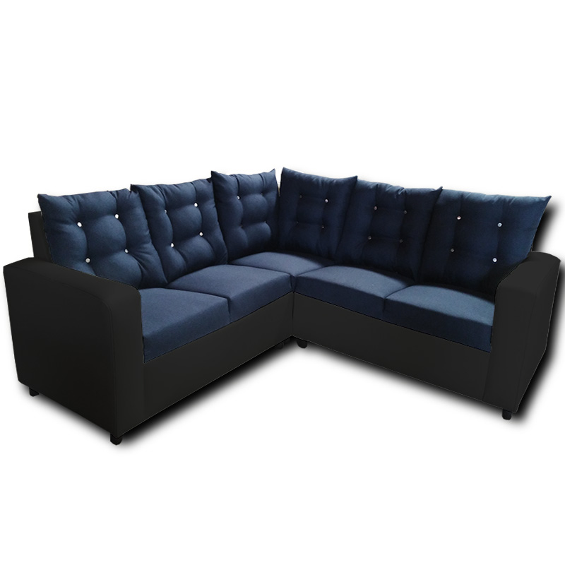 Sala Holanda lino azul, vinipiel gris Maderian