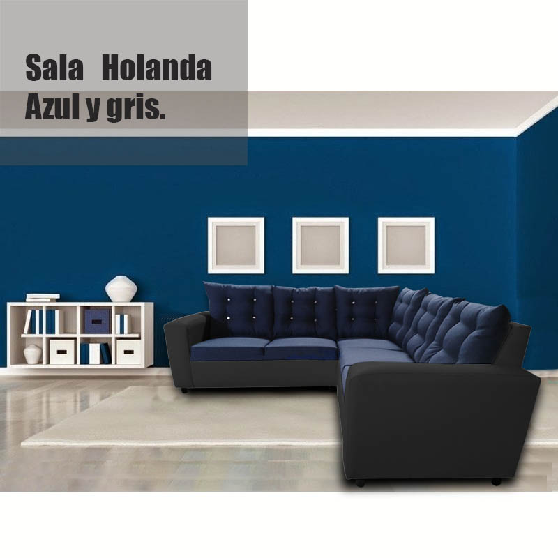 Sala Holanda lino azul, vinipiel gris Maderian