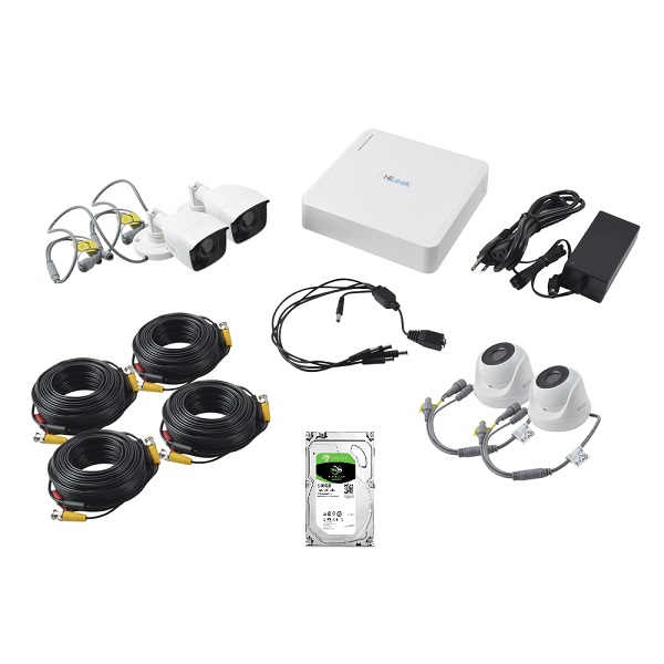 Kit 720p TURBOHD / DVR 4 canales / 2 Cámaras Bala / 2 Cámaras Domo / Cables 18 Mts / 1 Fuente de Poder Profesional/ con disco duro de 500gb/ HILOOK