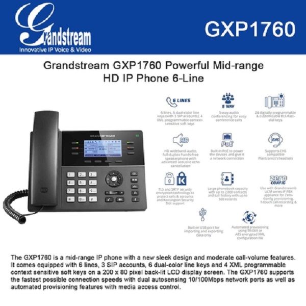 Teléfono IP WiFi 6 Líneas 24 ext. PoE Grandstream GXP-1760W