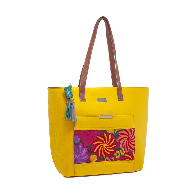 Bolsa Matilde de Piel color Amarillo con Bordado Artesanal y Llavero Metalico AngeLozano