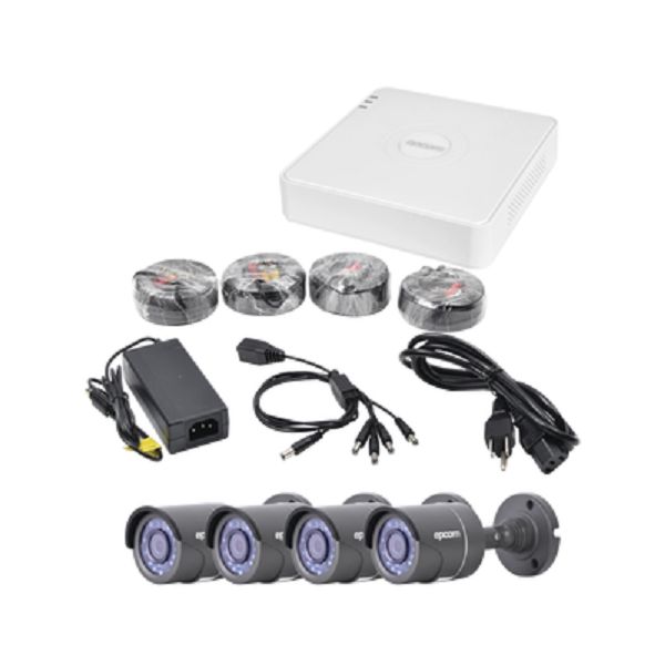 Sistema Completo de 4 Cámaras Bala TURBOHD 720p / DVR 4 Canales / Hik-Connect / Fuente de poder / 4 juegos de cable de 18mts / CON DISCO DURO 500 GB / EPCOM