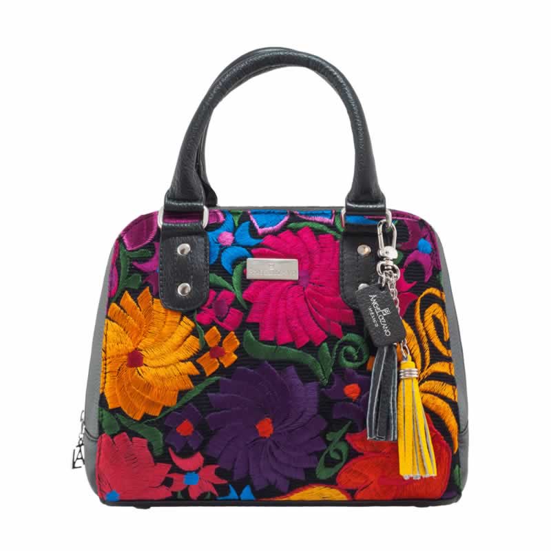 Bolsa Elsa De Piel Color Negro Con Bordado Artesanal Y Llavero Metalico Angelozano