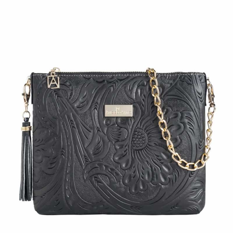 Bolsa Arena de Piel color Negro con Grabado Cincelado y Llavero Metalico AngeLozano