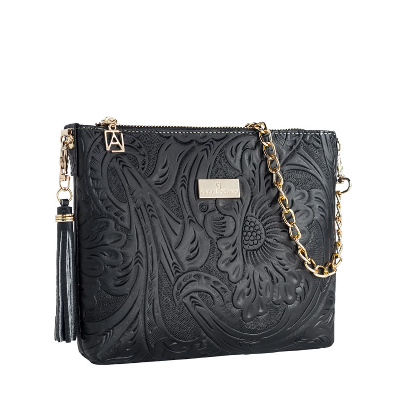 Bolsa Arena de Piel color Negro con Grabado Cincelado y Llavero Metalico AngeLozano