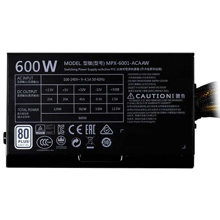 Fuente De Poder Cooler Master MasterWatt Lite 600W 80+ MPX-6001-ACAAW