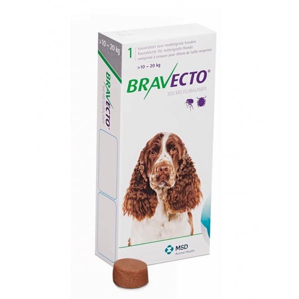 Bravecto Desparacitante Para Perro Raza Mediana De 10-20 Kg 1 Comp De 500 Mg