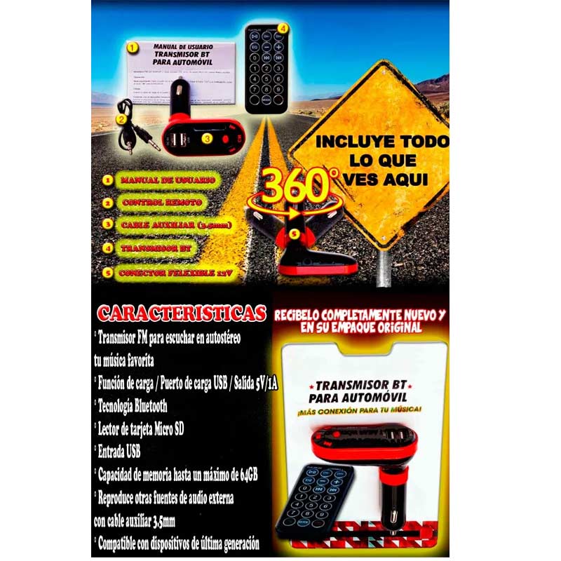 Transmisor BlueTooth Con Botón Para Responder Llamadas Entrada Para Tarjeta Micro SD / USB / Cable Auxiliar Color Rojo