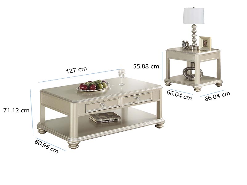 Set de 3 mesas. 1 mesa central con cajones  y 2 mesas laterales color champagne, modelo F6372 y F6373  POUNDEX