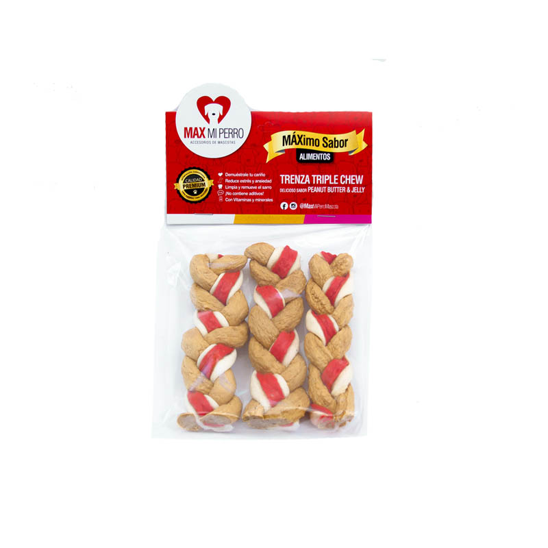 Trenza de Carnaza Triple Sabor - Crema de Cacahuate + Mermelada 5"