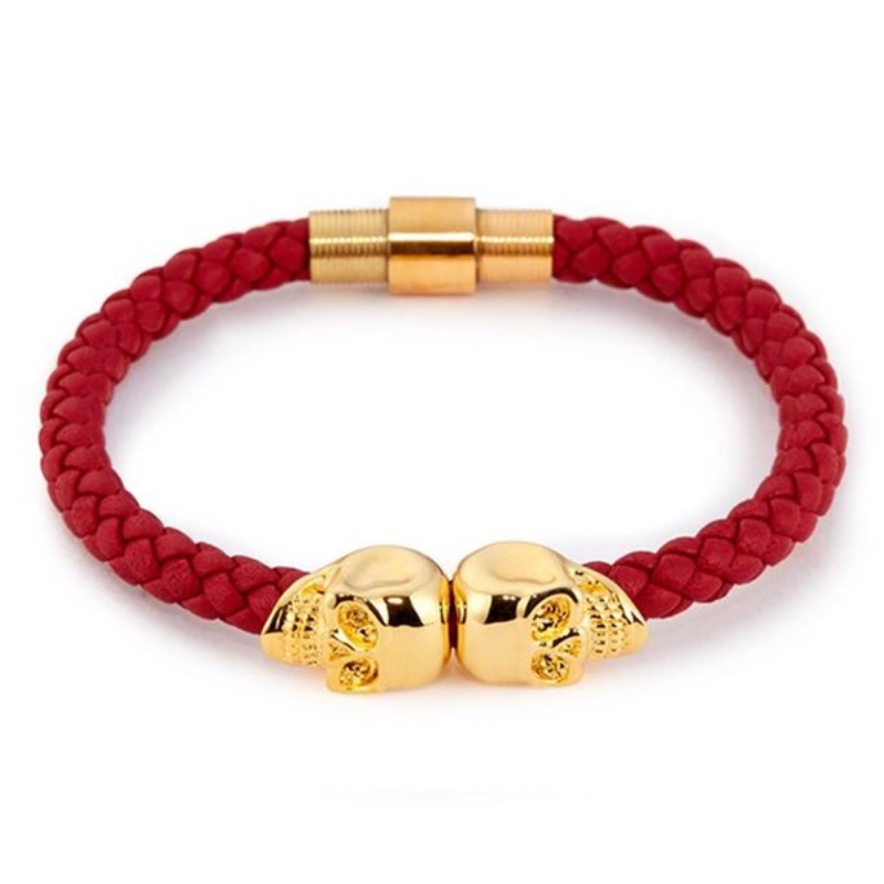 Pulsera Brazalete Unisex Skull Leather Oro-Rojo