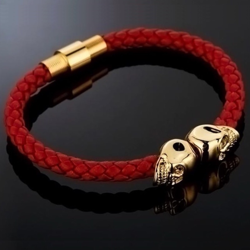 Pulsera Brazalete Unisex Skull Leather Oro-Rojo