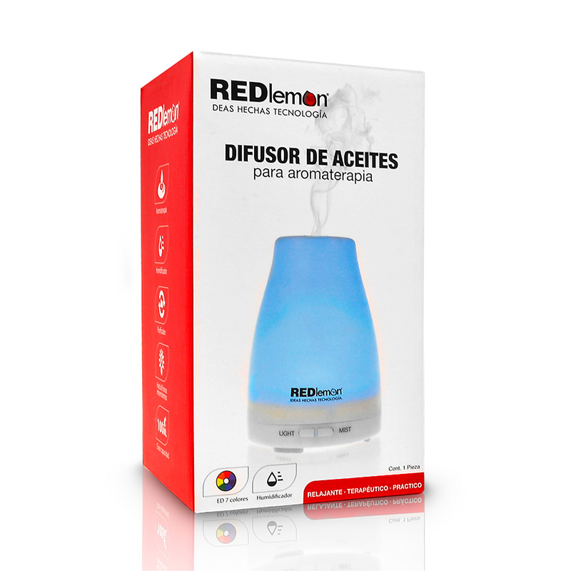 Redlemon Difusor de Aceites Esenciales y Aromaterapia. Humidificador de Ambiente de 100 ml. con Niebla Fría, Temporizador Ajustable, Silencioso, Apagado Automático y 7 Luces LED.