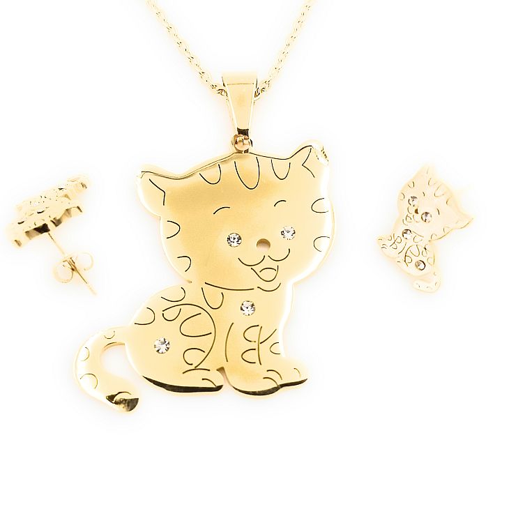 Kit Cadena Dije Y Aretes En Forma De Gatito Dorado Acero