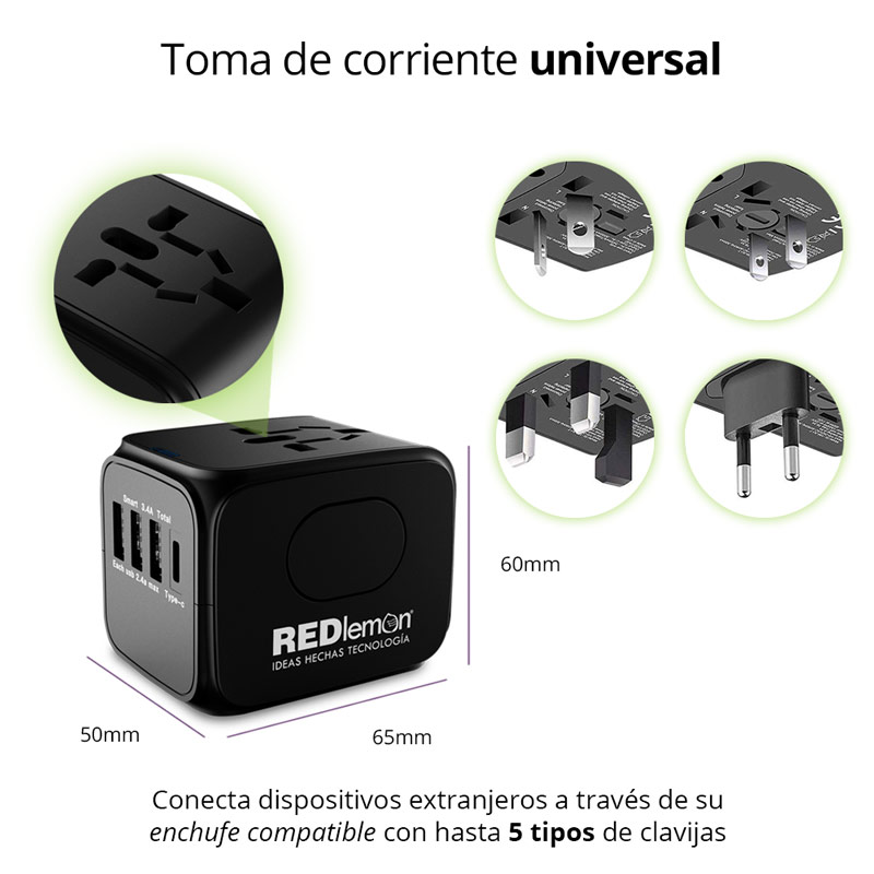 Adaptador de Viaje Universal 150 Países 3 Puertos USB y 1 Tipo C Redlemon
