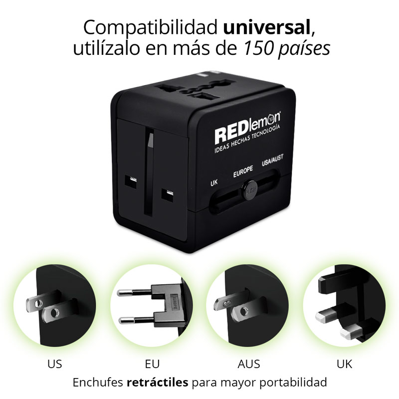 Adaptador de Viaje Universal para 150 Países 2 Puertos USB Mundial Redlemon