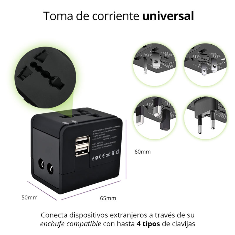 Adaptador de Viaje Universal para 150 Países 2 Puertos USB Mundial Redlemon