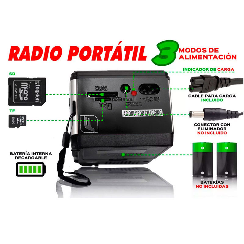 Radio Recargable Am Fm Sw Onda Corta Color Negro Sd Tf Usb Mp3 Bluetooth