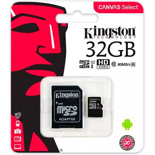Memoria Micro sd 32gb Kingston clase 10 con Adaptador SD/HC HD VIDEO 80MB/s Canvas Select