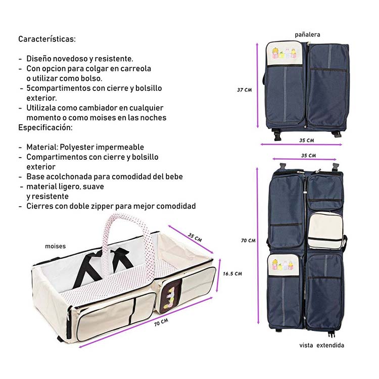 BOLSA PAÑALERA, CAMBIADOR MOISES PORTATIL 3 EN 1  PRACTICA PARA VIAJE , BEBE