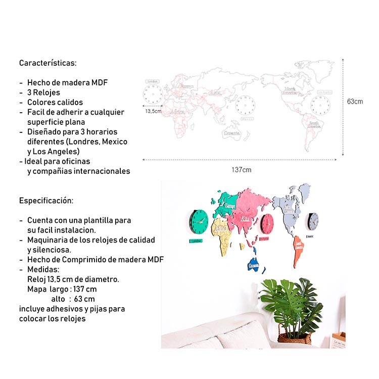 Reloj De Pared Mapa Mundial Con 3 Horarios Diferentes Hecho De Madera