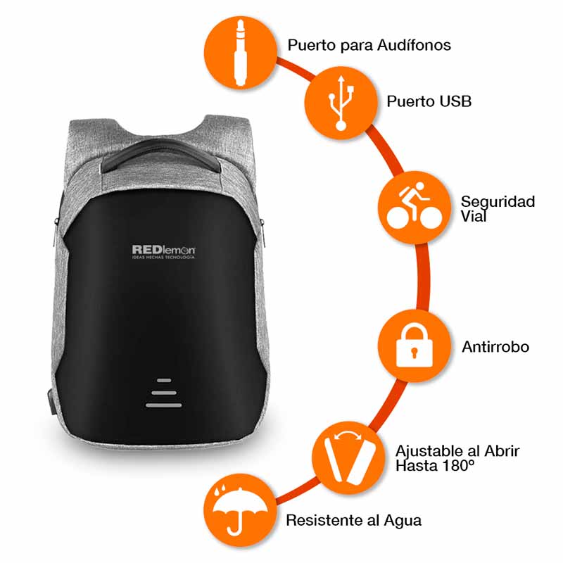 Redlemon Mochila Antirrobo Impermeable para Laptop, con Puerto USB para Power Bank y Audífonos, Cierre de Protección y más