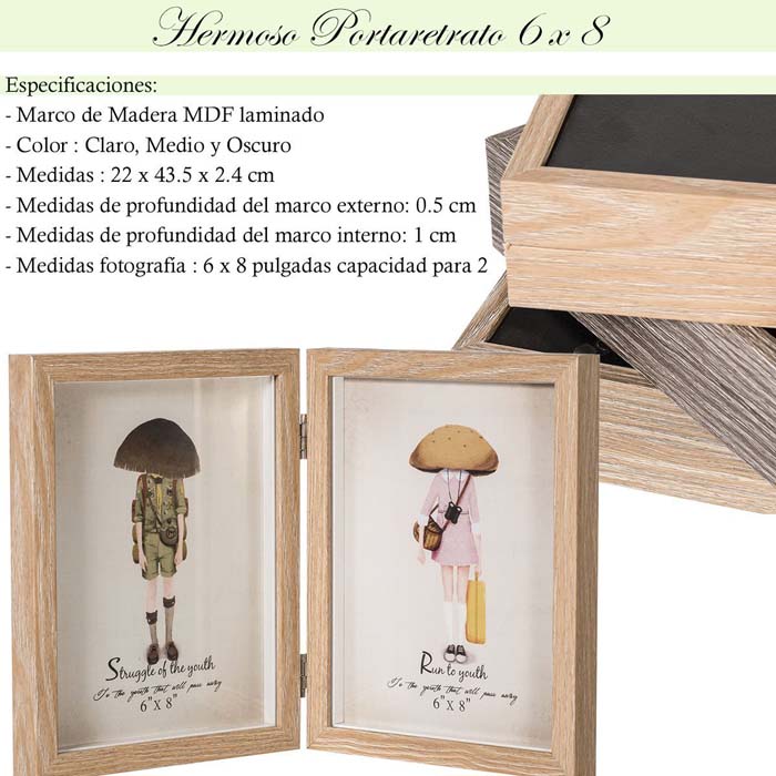 Elegante Moderno Portaretrato doble coin bisagra fotos 6x8 mdf laminado baby shower, decoracion, regalo, recamara. HW131-1
