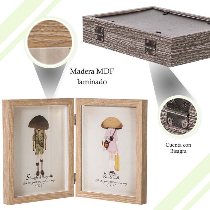 Elegante Moderno Portaretrato doble coin bisagra fotos 6x8 mdf laminado baby shower, decoracion, regalo, recamara. HW131-1