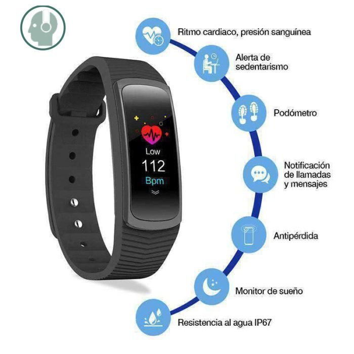 Fitband Sport Bluetooth Pantalla a Color, Contra Agua, Monitor de Ritmo Cardiaco y Presión Arterial