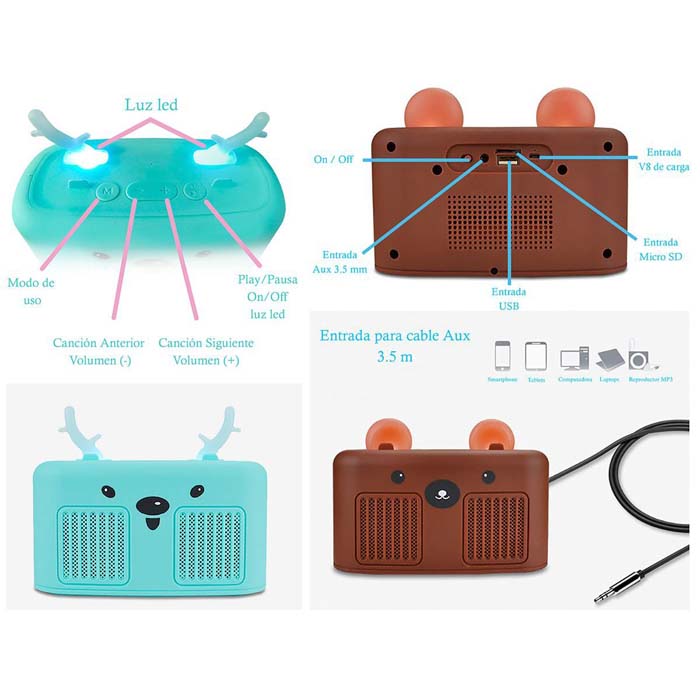 BOCINA INALAMBRICA OSO,CONEJO,RENO,GATO BT RADIOR FM, BT, SD CARD, USB, 2 EN 1 SG10·M59 / SG11·M58 / SG12·M60 / SG13·M57