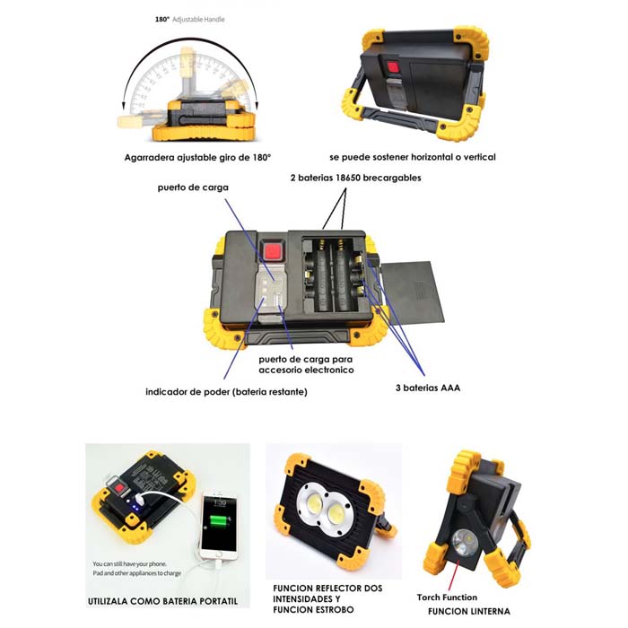 Lampara Reflector  USB recargable 3 modos Luz puerto de carga usb lUZ cob 20w