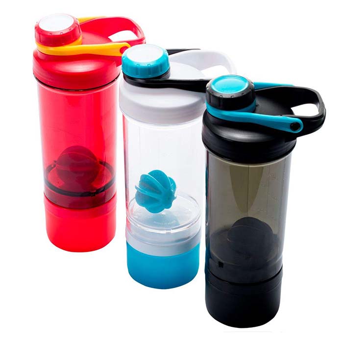 Vaso Mezclador Shaker Proteina Gym Con Compartimento, Divisor Pastillas, Tapa De Goma Con Cierre Enroscable, 500Ml