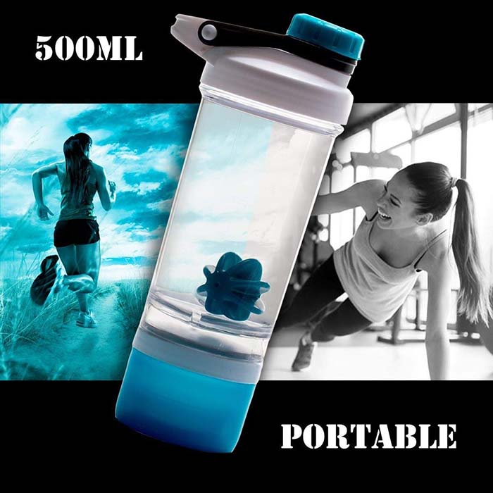 Vaso Mezclador Shaker Proteina Gym CON COMPARTIMENTO, DIVISOR PASTILLAS, TAPA DE GOMA CON CIERRE ENROSCABLE, 500ML