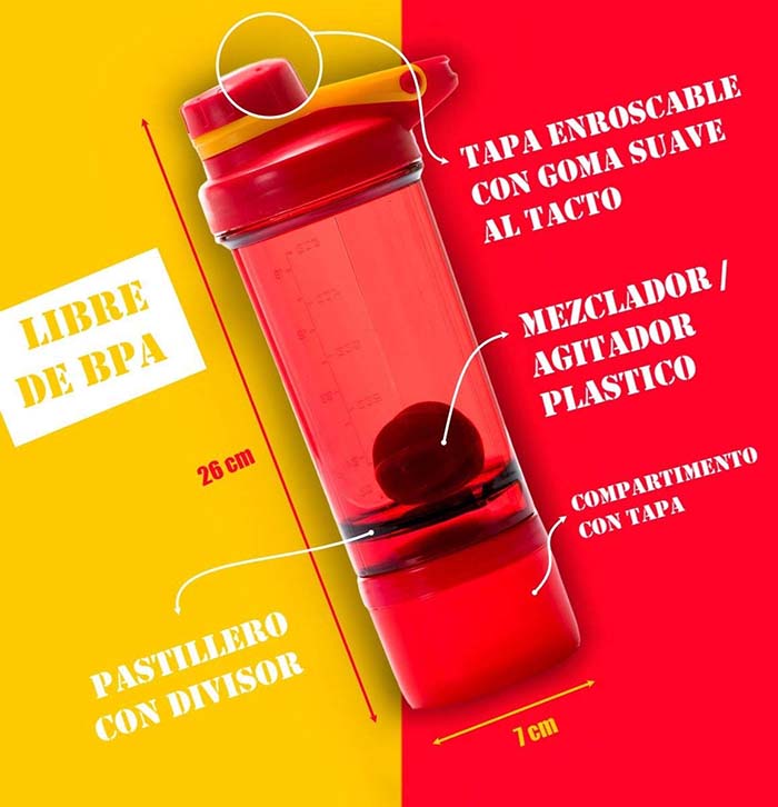 Vaso Mezclador Shaker Proteina Gym CON COMPARTIMENTO, DIVISOR PASTILLAS, TAPA DE GOMA CON CIERRE ENROSCABLE, 500ML