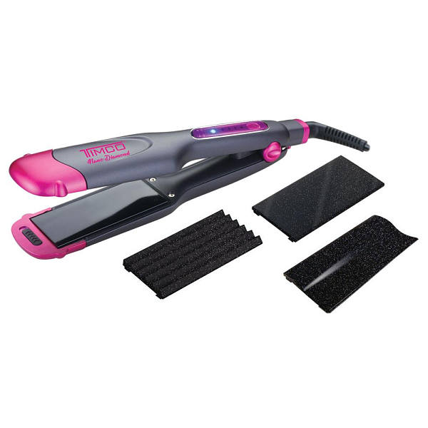 Alaciadora Timco 3 en 1 lacio, waffle y ondas nano diamond negro con rosa W3R