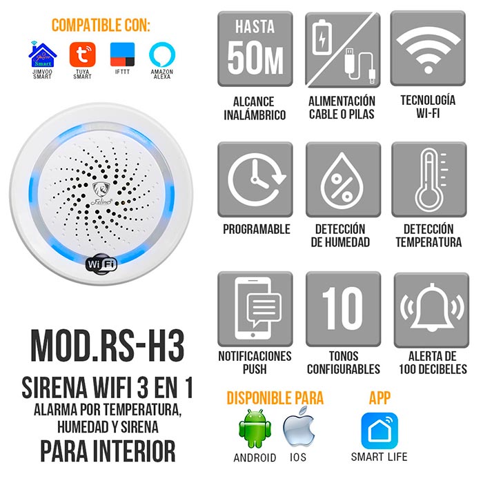 Sirena Wifi Inteligente Alerta Temperatura Humedad Via APP Alarma Internet App Negocio Casa