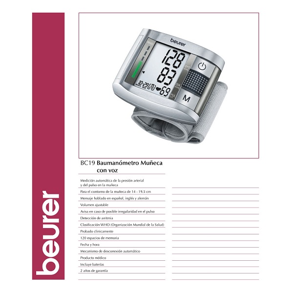 Medidor Digital Presión Pulso C/Voz Gris BC19 Beurer.