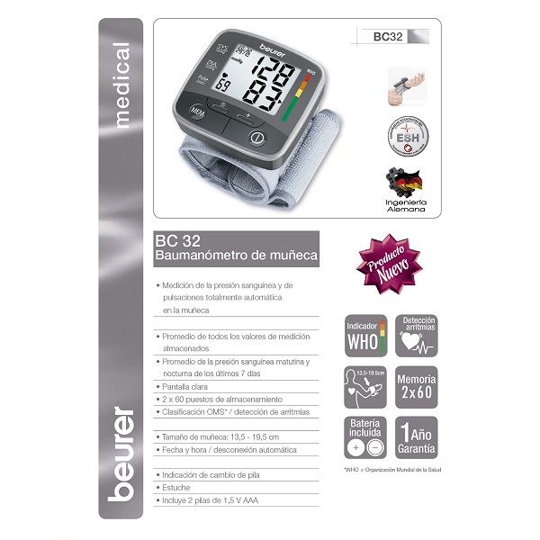 BAUMANÓMETRO PRESIÓN ARTERIAL MUÑECA DIGITAL Beurer BC32