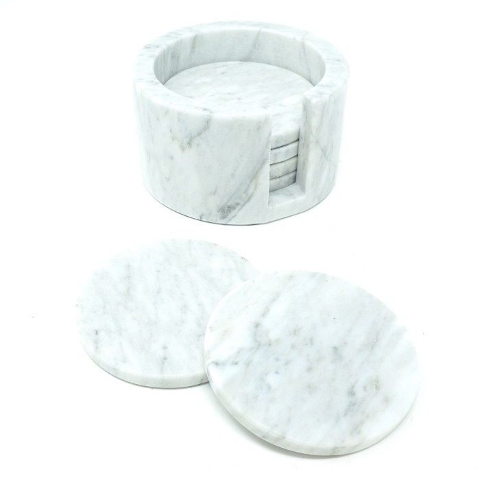 Set de 6 Portavasos cuadrado de Mármol Natural, Gris Mazahua / Incluye base para guardarlos / Diseño elegante / Para bebidas frías o calientes